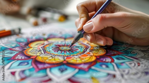 Closeup of a hand coloring a mandala