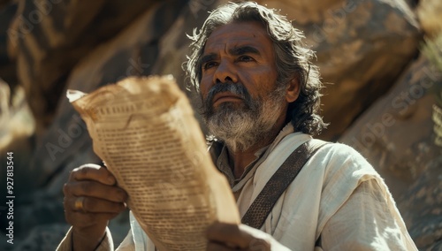 Ancient Man Reading Alien Text from a Scroll Near Cave Walls.