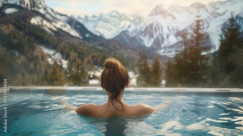 Back view of a female in spa pool with beautiful scenic view Back view of a female in spa pool with beautiful scenic view