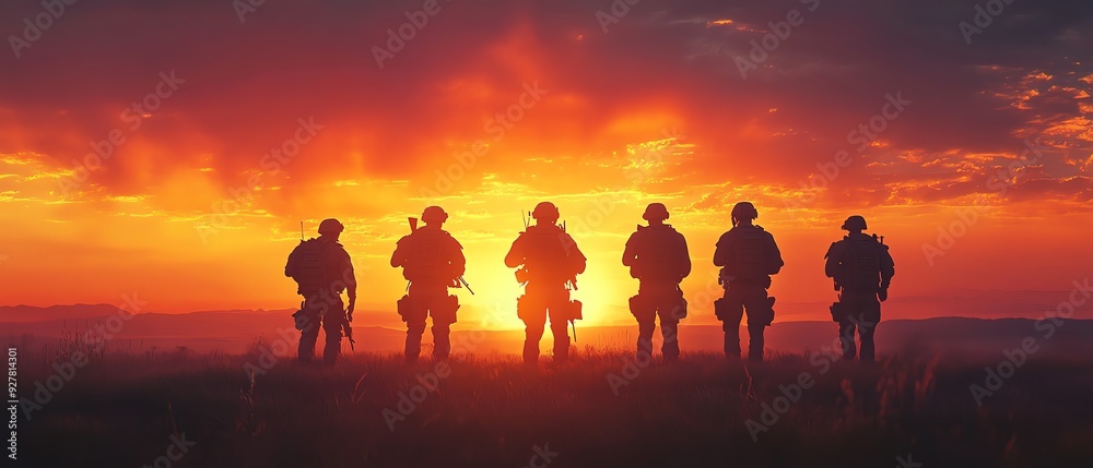 Fototapeta premium Silhouettes of soldiers standing in a field at sunset.