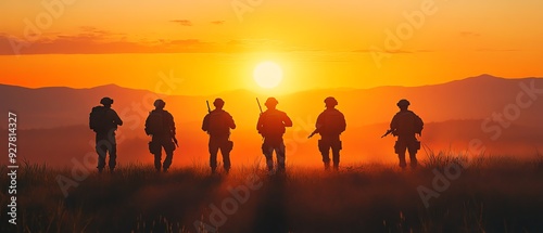 Silhouettes of soldiers standing in a line at sunset.