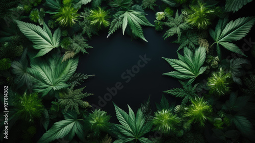 generated illustration of high angle view of marijuana leaves with copy space