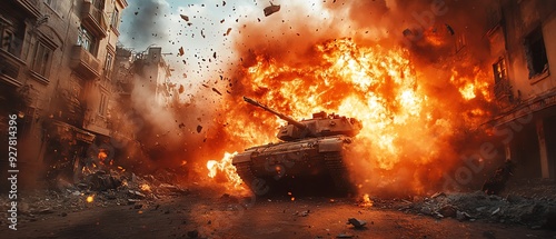 A tank engulfed in flames during a powerful explosion in a city street.