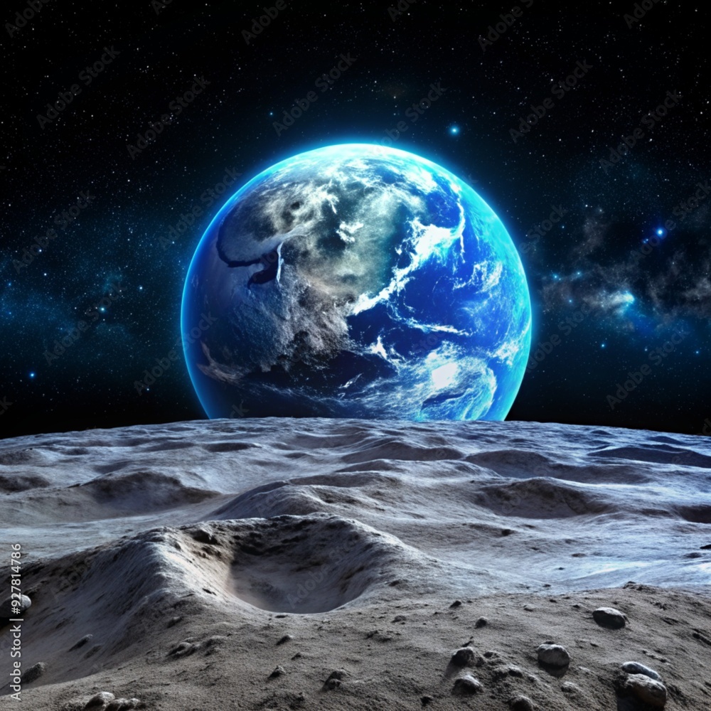 earth and moon. earth with a blue sky and a moon in the background earth and moon. earth with a blue sky and a moon in the background