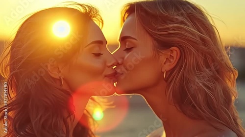 Two young women kissing on a city street