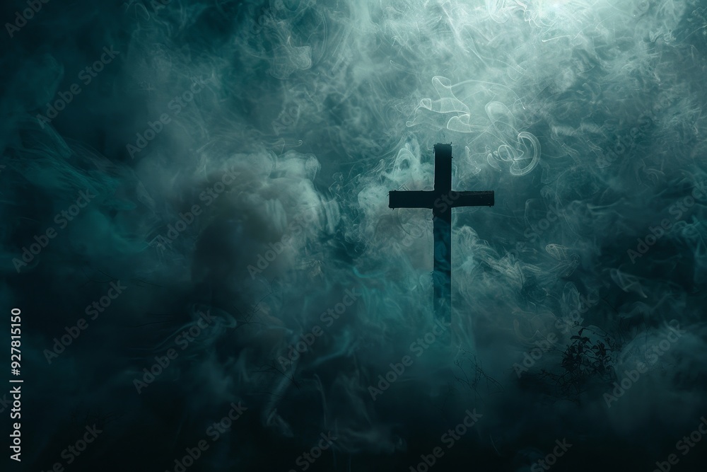 Fototapeta premium Cross Surrounded by Smoke with Abstract Dark Background and White Space