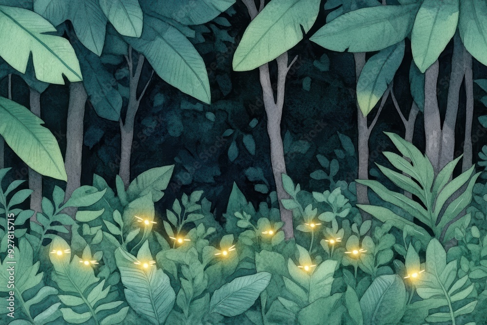 A serene illustration of a lush forest with glowing lights and vibrant greenery, perfect for nature-themed projects. watercolor Style A serene illustration of a lush forest with glowing lights and vibrant greenery, perfect for nature-themed projects. watercolor Style