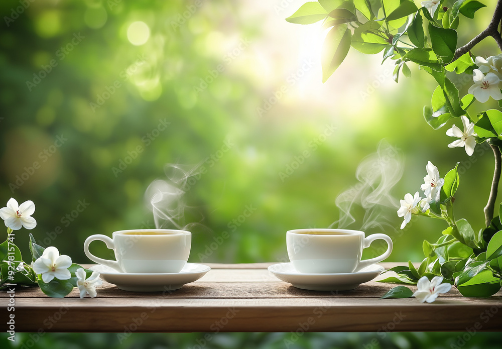 Two cups of aromatic green tea steaming against a natural background, the concept of the harmony of aromatic tea with nature Two cups of aromatic green tea steaming against a natural background, the concept of the harmony of aromatic tea with nature