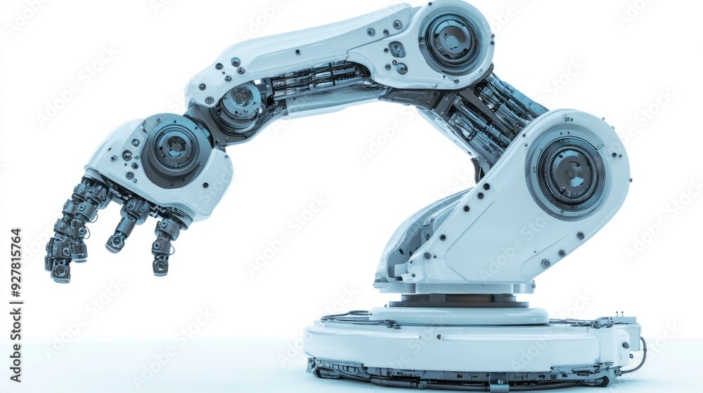 White Robotic Arm with Detailed Gears and Joints Against a Clean White Background White Robotic Arm with Detailed Gears and Joints Against a Clean White Background
