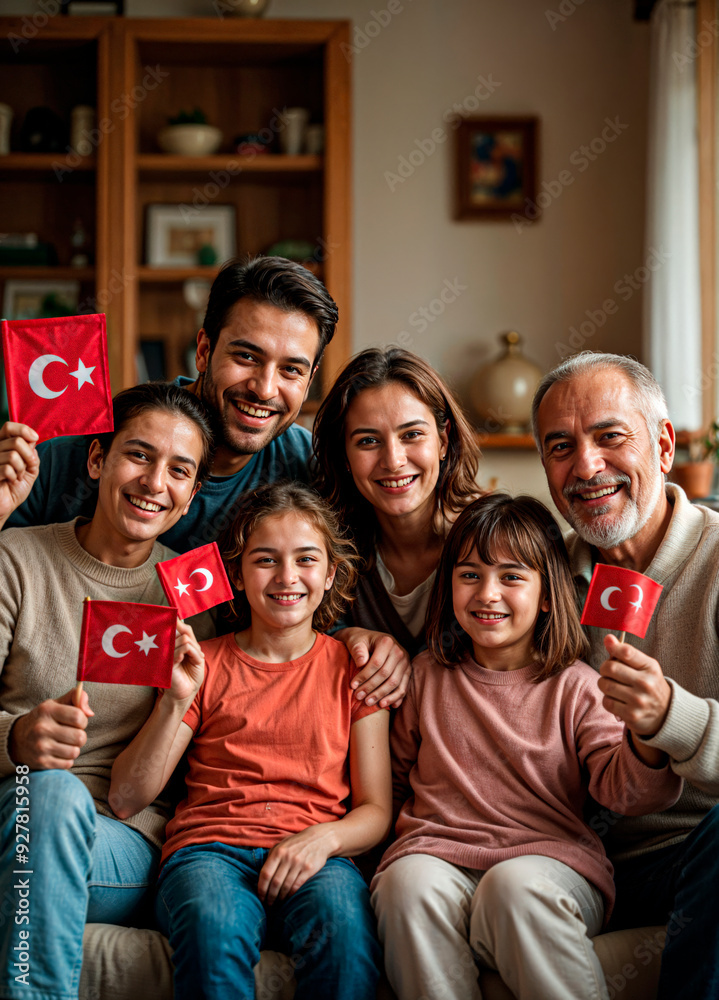 turkish family sitting on a couch with turkish flag on their hands turkish family sitting on a couch with turkish flag on their hands