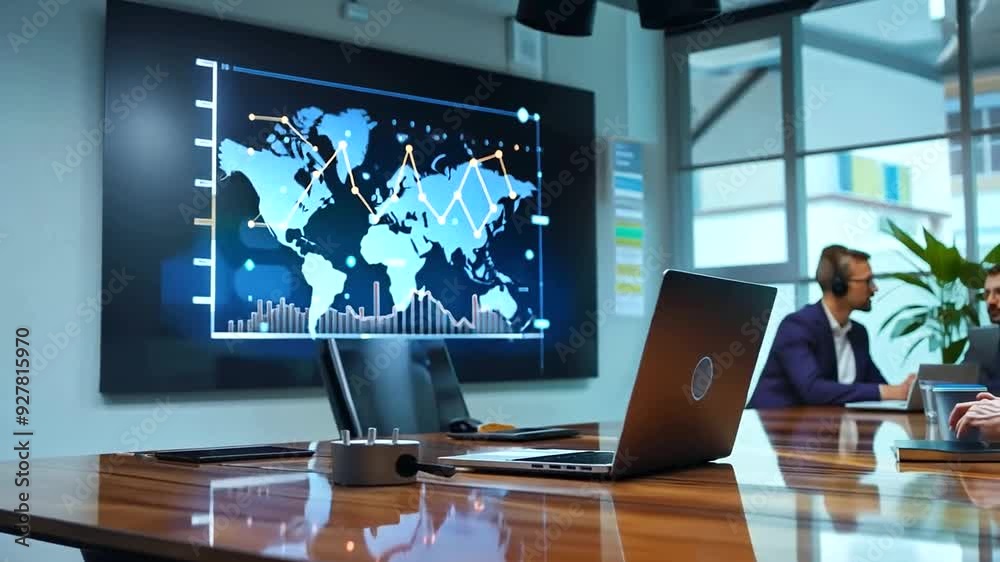 A conference room with a projector displaying a line graph A conference room with a projector displaying a line graph