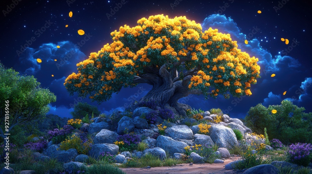 Naklejka premium Enchanting Tree with Glowing Yellow Blossoms on Rocky Hill Against Starry Night Sky - Mystical Landscape Art