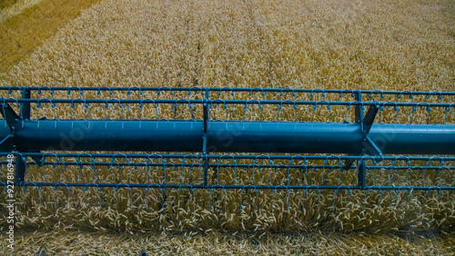 Obraz na płótnie View of a combine harvester's cutting bar from the cab, capturing the wheat harvesting process. Modern agricultural machinery in action during harvest season. Farming efficiency. w salonie