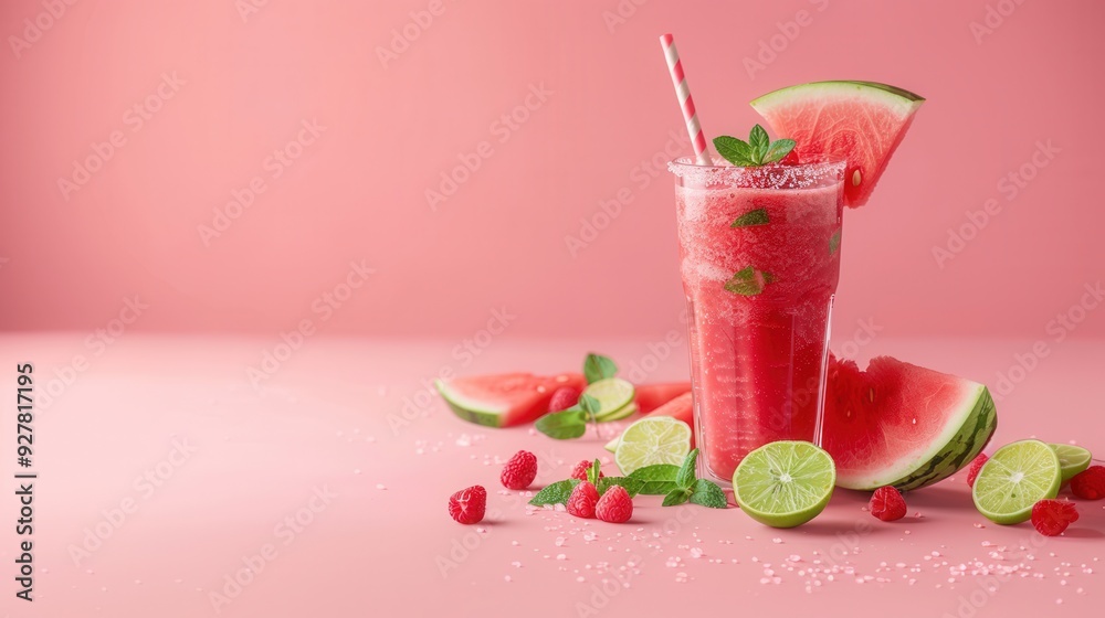 Glass of juice and fresh sweet ripe watermelon on table Glass of juice and fresh sweet ripe watermelon on table