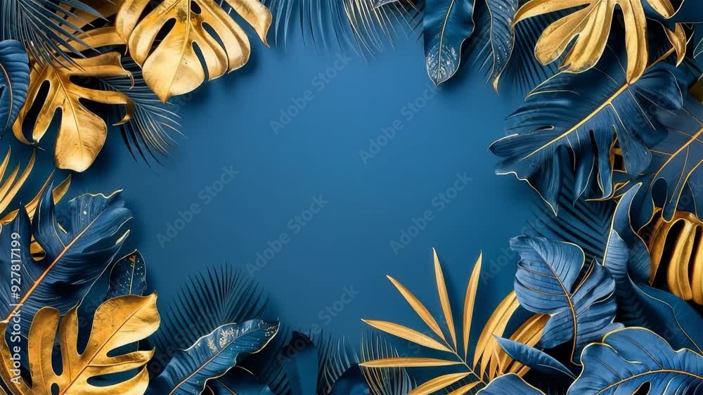fond bleu encadré par des feuilles tropicales qui bougent avec le vent - espace vide au centre