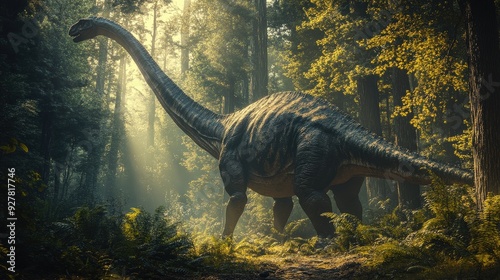 A Camarasaurus traverses a vibrant forest, basking in golden morning light amidst towering trees and ferns photo