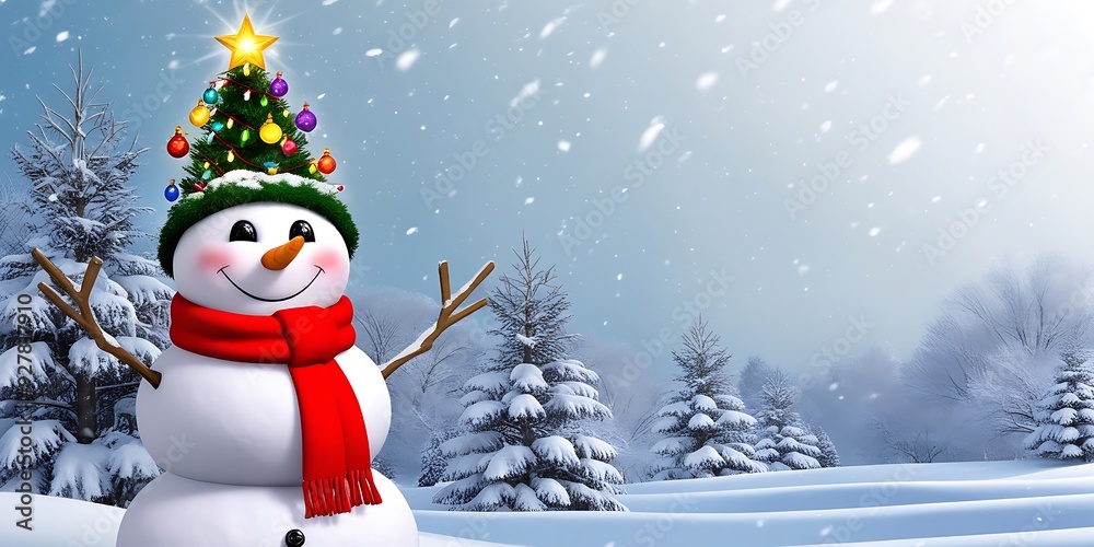 Obraz premium Christmas Background with Snowman, Chalet With Christmas Decoration