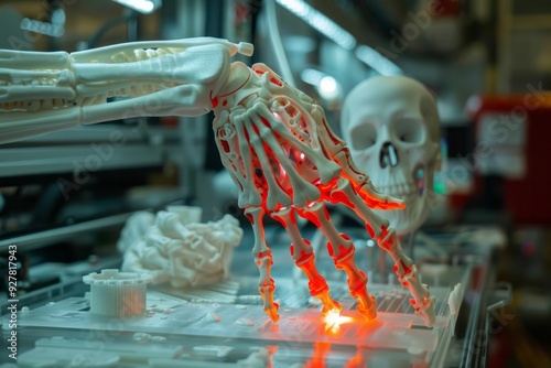 3D printers creating customized prosthetic limbs in a modern workshop, showcasing innovative technology and design processes