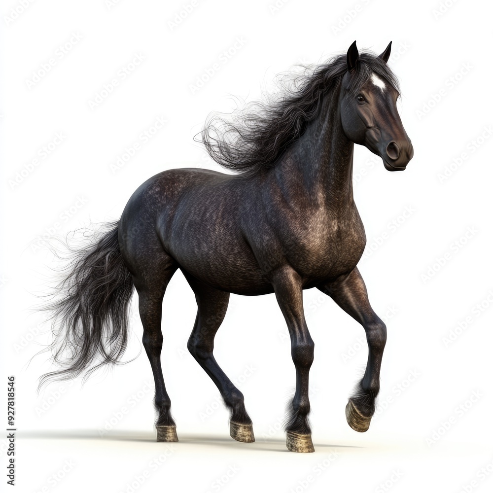 Black Horse with Flowing Mane and Tail Running on White Background Black Horse with Flowing Mane and Tail Running on White Background