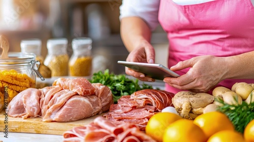 A woman prepares fresh ingredients for cooking while using a smartphone in a bright kitchen setting.