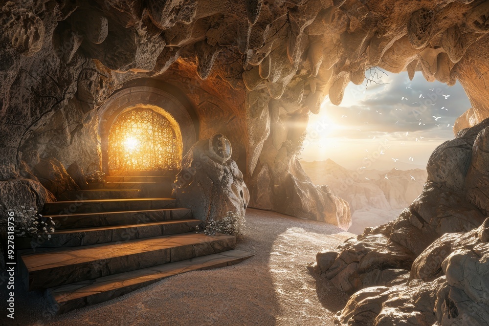 Fototapeta premium Empty Tomb on Easter Morning with Rays of Light and Serenity.