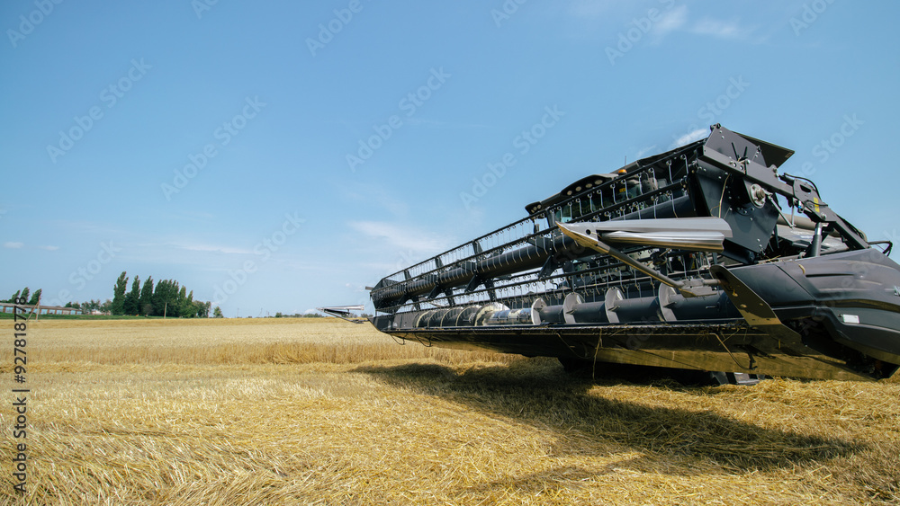 Front view of a combine harvester working in a wheat field under a bright sky. High-efficiency agricultural machinery in action during harvest season. Farming technology and innovation.