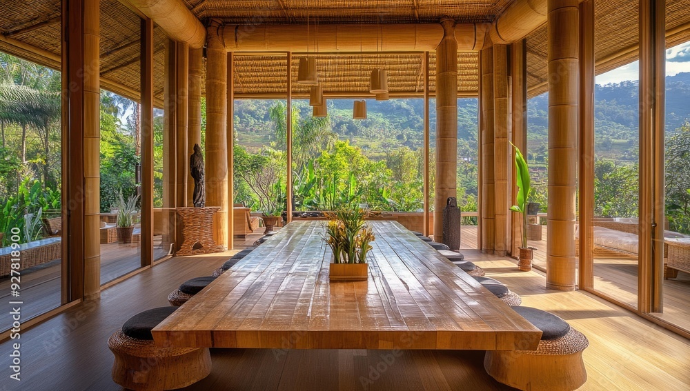 Bamboo structure with wooden table and chairs overlooking nature. Bamboo structure with wooden table and chairs overlooking nature.