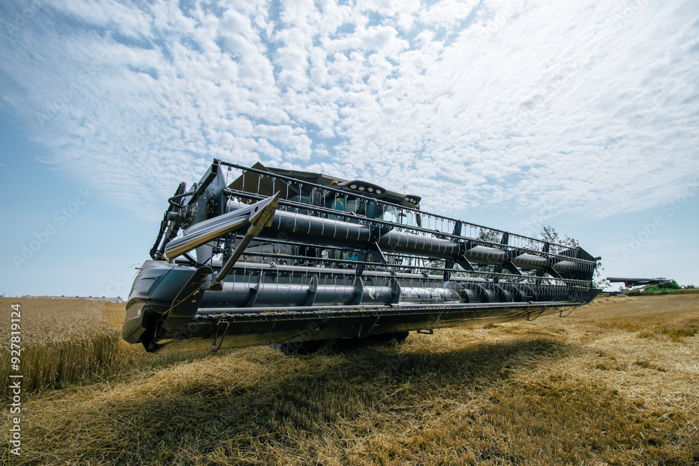 Front view of a combine harvester working in a wheat field under a bright sky. High-efficiency agricultural machinery in action during harvest season. Farming technology and innovation.