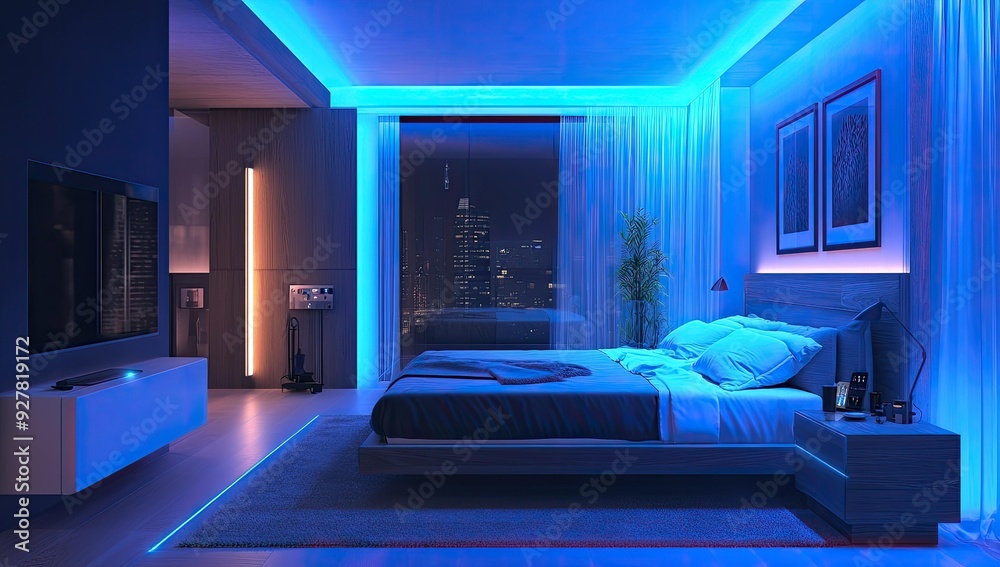 Modern bedroom with city view and blue lighting. Modern bedroom with city view and blue lighting.