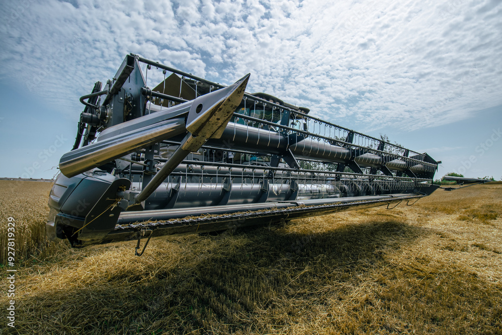 Front view of a combine harvester working in a wheat field under a bright sky. High-efficiency agricultural machinery in action during harvest season. Farming technology and innovation.