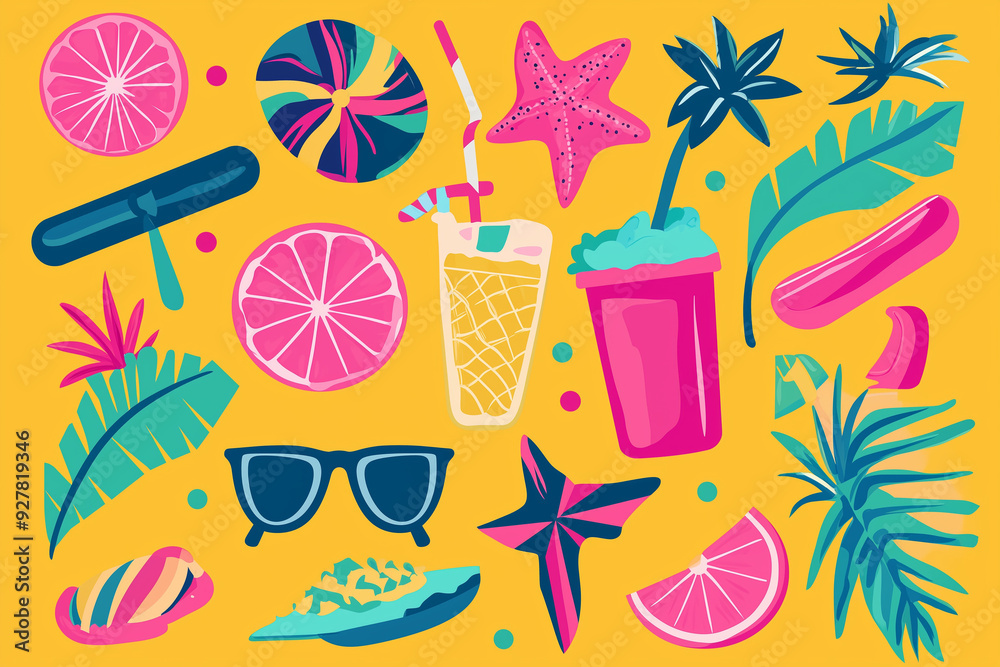Fototapeta premium Lively Icons at a Vibrant Summer Beach Party: Poster Design