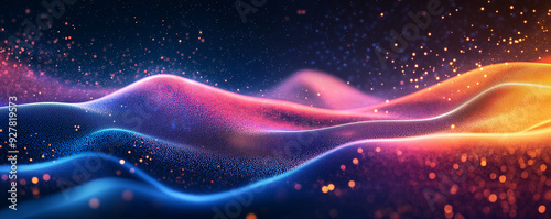 Abstract Data Visualization Background with Colorful Wavy Particle Streams in a Dark Space
