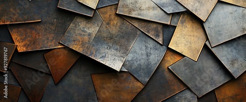 Abstract geometric pattern of textured metallic sheets in various shades of brown and grey.