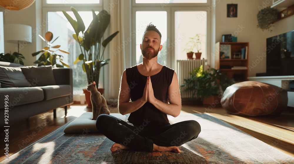 Man doing meditation in his living room with his cat in the background Man doing meditation in his living room with his cat in the background