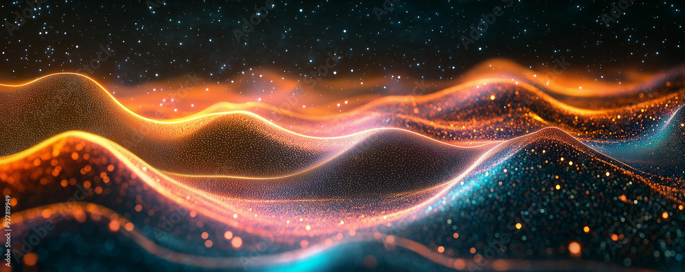Abstract Data Visualization Background with Colorful Wavy Particle Streams in a Dark Space Abstract Data Visualization Background with Colorful Wavy Particle Streams in a Dark Space