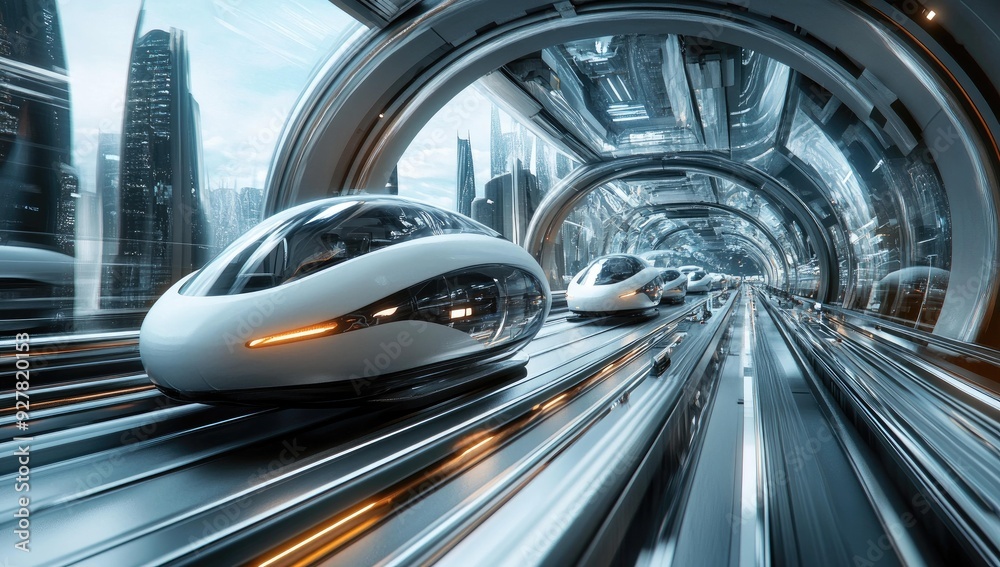 Fototapeta premium Futuristic vehicles traveling through tunnel.