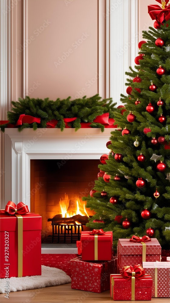 A New Year tree with red balls and bows and gifts stands near the fireplace in a big hous A New Year tree with red balls and bows and gifts stands near the fireplace in a big hous