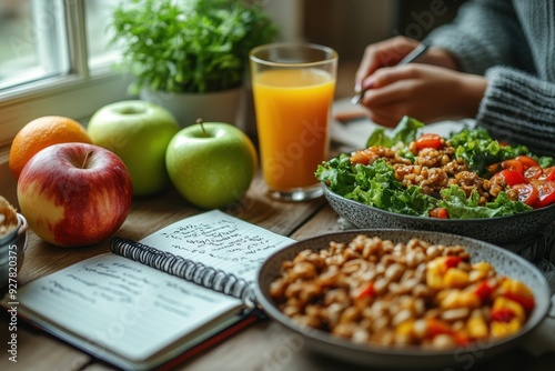 Close-up of a woman's hand writing in a notebook on a table with a green apple, vegetables, orange juice, fresh salad, and stir-fry dish, representing healthy eating and weight loss in a kitchen setti photo