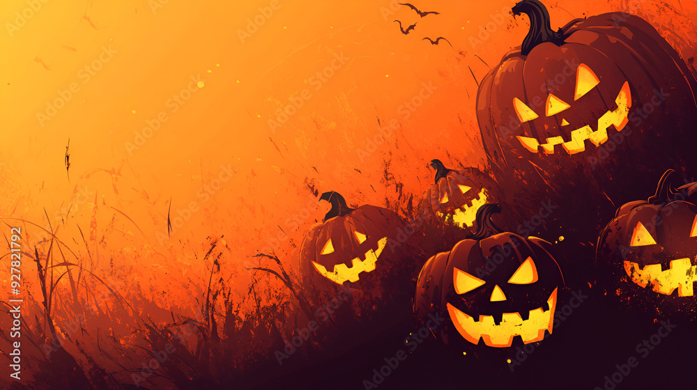 high quality illustration of evil pumpkins on orange background, halloween concept high quality illustration of evil pumpkins on orange background, halloween concept