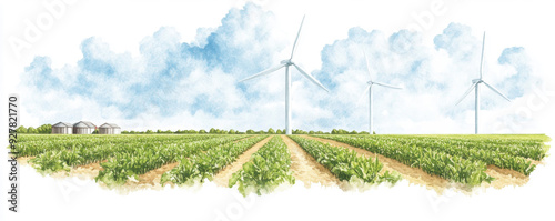 A serene landscape featuring lush fields and wind turbines under a bright sky, symbolizing sustainable energy and agriculture. watercolor Style
