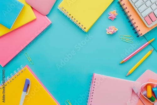 Bright educational tools and supplies are arranged from a top perspective, creating an inviting background full of colors with clear space for text or messages.