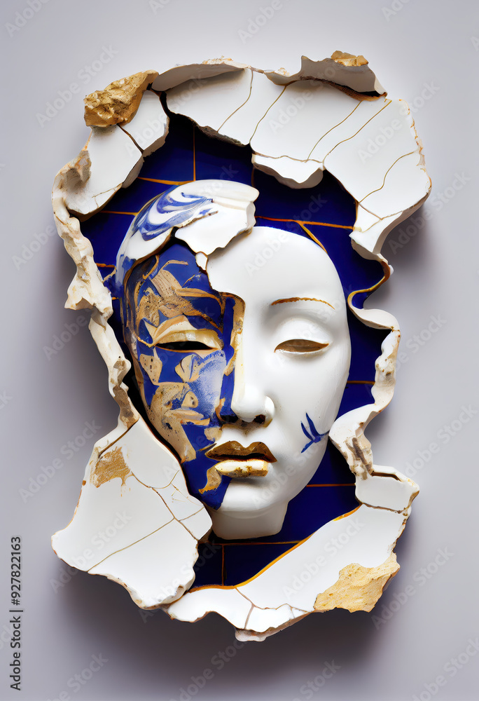 Foto de shows a ceramic mask repaired using the kintsugi technique ...