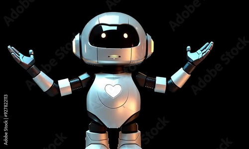 Friendly Robot with Heart Light Gesturing on Black Background