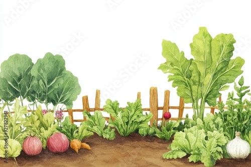 Vibrant garden scene featuring various vegetables, showcasing fresh produce and greenery in a rustic setting. watercolor Style