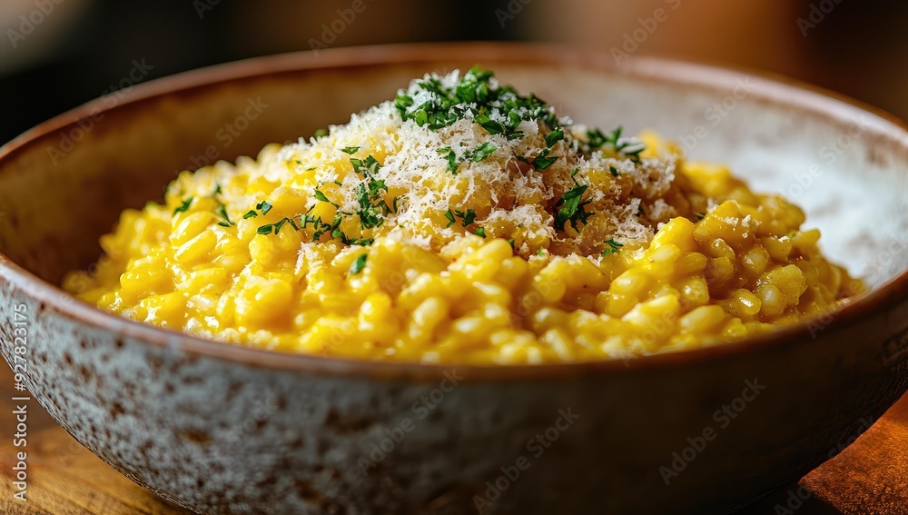 Yellow risotto with cheese and parsley in a bowl. Yellow risotto with cheese and parsley in a bowl.