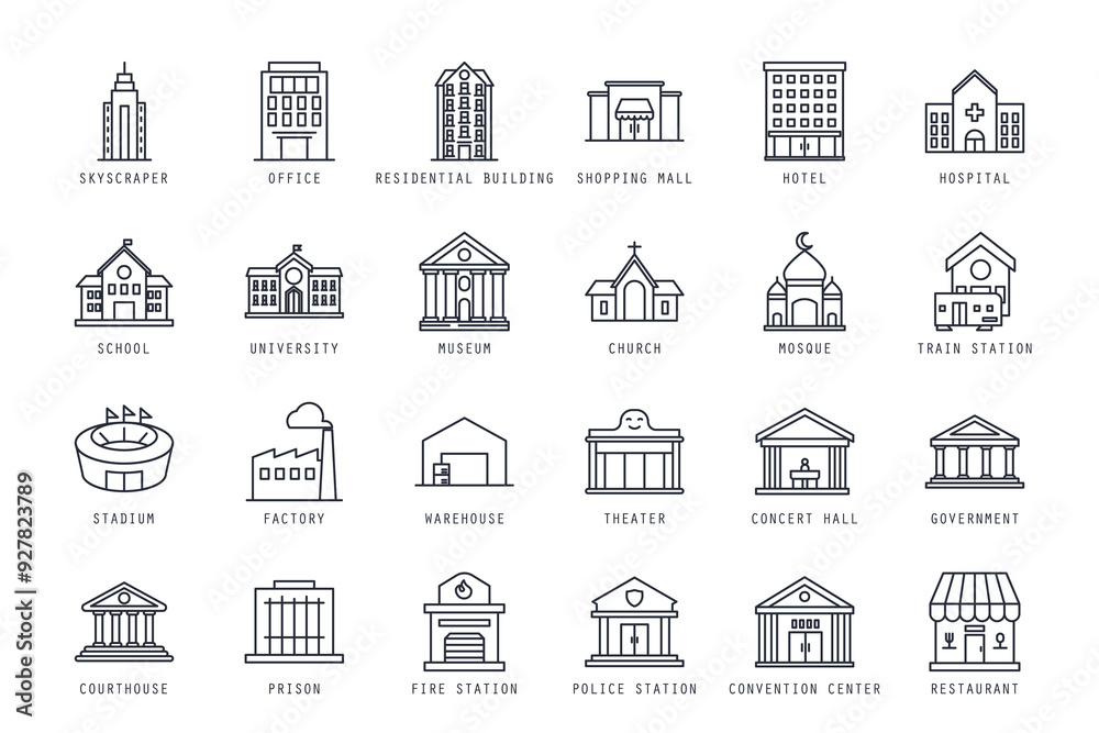 Set of building icons vector illustration. icons bundle isolated on white background Set of building icons vector illustration. icons bundle isolated on white background