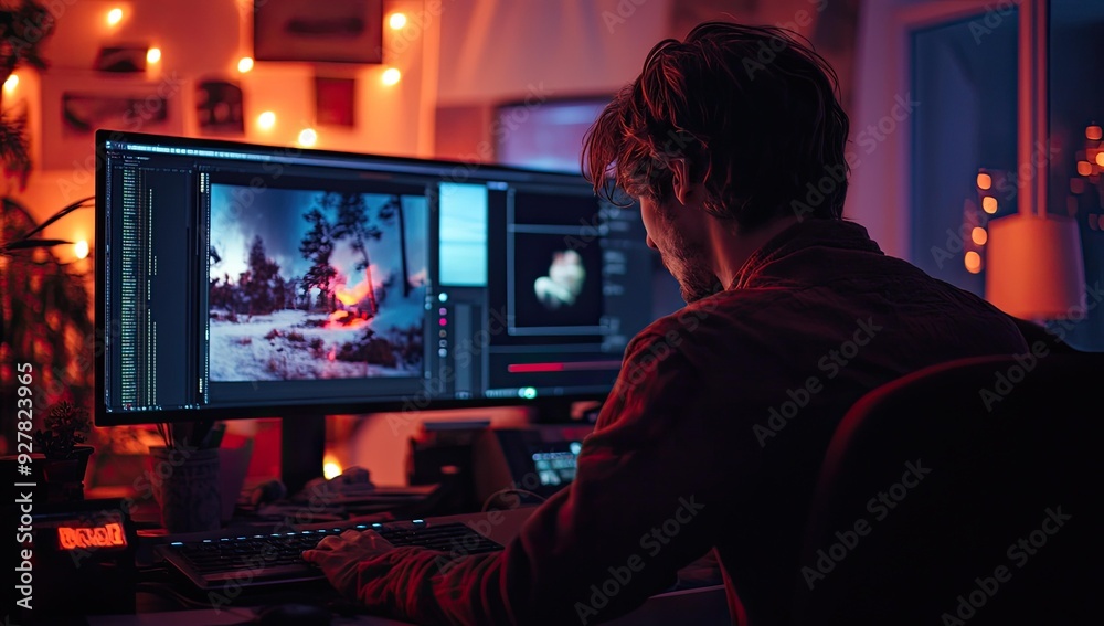 Person editing photo on computer in dark room. Person editing photo on computer in dark room.