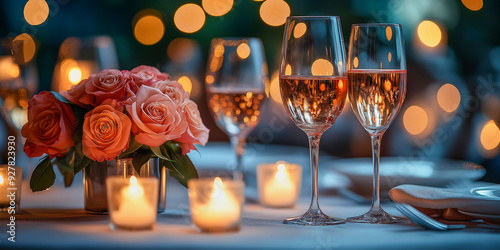 A romantic candlelit dinner with luxurious tableware, wine glasses and a bouquet of roses. Soft warm lighting. Image generated by AI photo