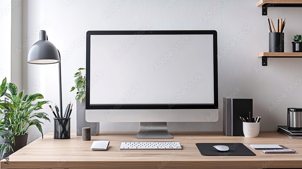 A clean and stylish workstation featuring a large monitor, keyboard, and neatly arranged office supplies in a modern office A clean and stylish workstation featuring a large monitor, keyboard, and neatly arranged office supplies in a modern office