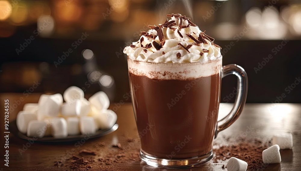 Hot chocolate with whipped cream and chocolate shavings. Hot chocolate with whipped cream and chocolate shavings.